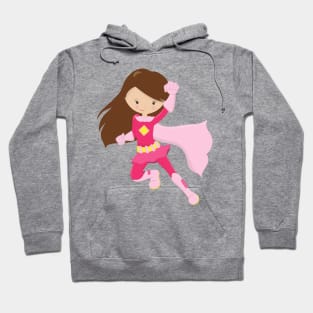 Superhero Girl, Cute Girl, Brown Hair, Pink Cape Hoodie